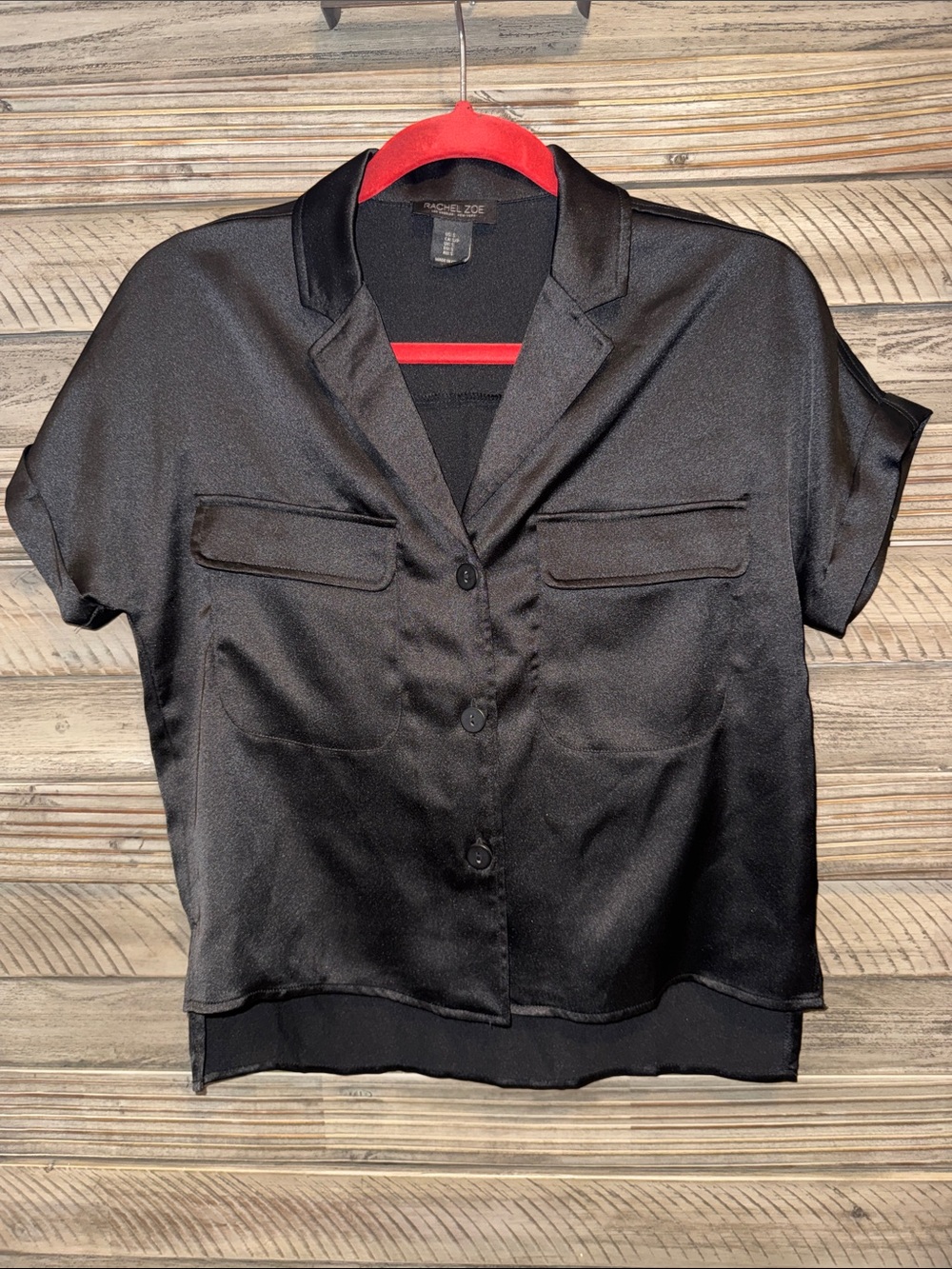 Rachel Zoe Black Satin Short-Sleeve Button-Up Top